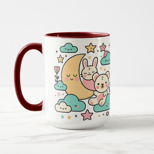 Mug Whimsical Bunny and Bear Under Moon Illustration (Gauche)