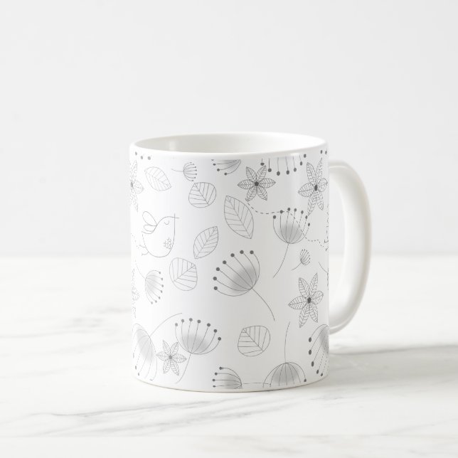 Mug Whimsical Cute Floral and Bird Pattern on White (Devant droit)