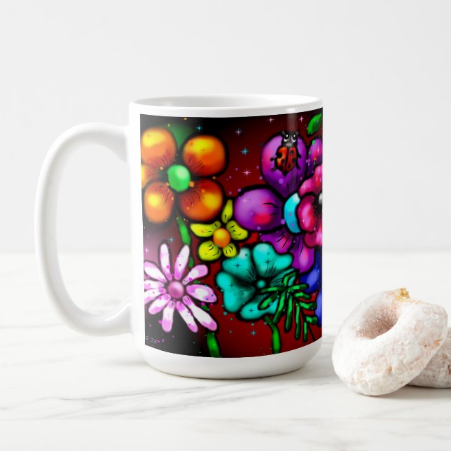 Mug Whimsical Graffiti-Style Floral Flowers Ladybug (Avec donut)