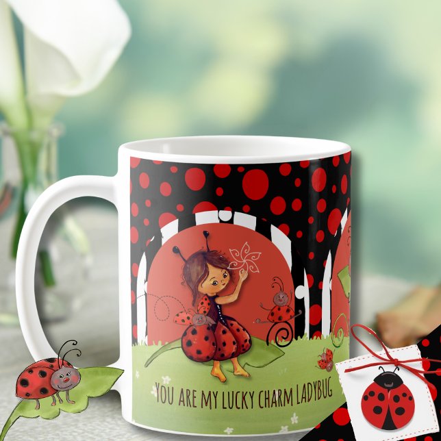 Mug Whimsical Ladybug Garden "Lucky Charm" Wrap-Around (Whimsical Ladybug Garden Lucky Charm Wrap-Around Coffee Mug)