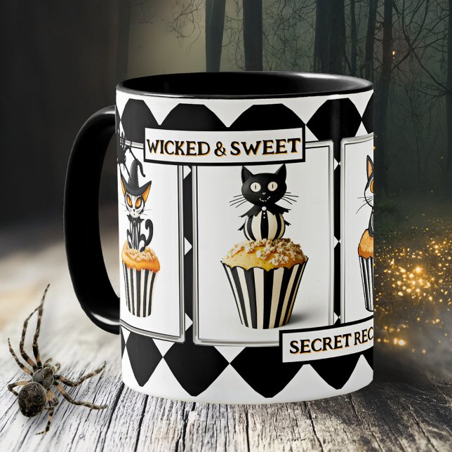 Mug Wicked Cats Cupcake Halloween Treats (Halloween mug featuring cupcake cat treats with spiders on black and white)