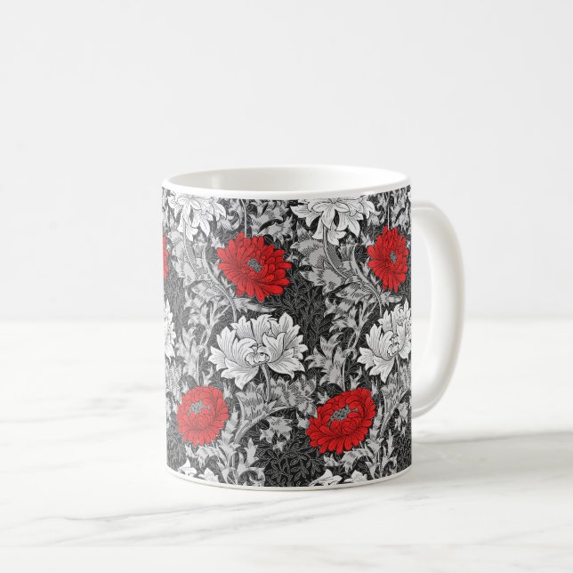 Mug William Morris Chrysanthèmes, gris et rouge (Devant droit)