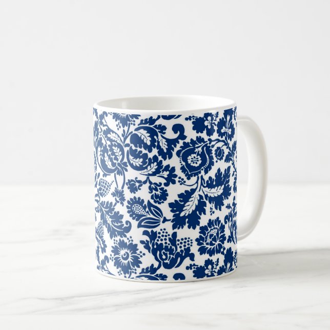 Mug William Morris Floral Damask, bleu Cobalt sur blan (Devant droit)