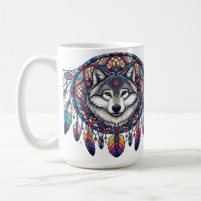 Mug Wolf Mandala Design avec Dreamcatcher et Feathers (Gauche)