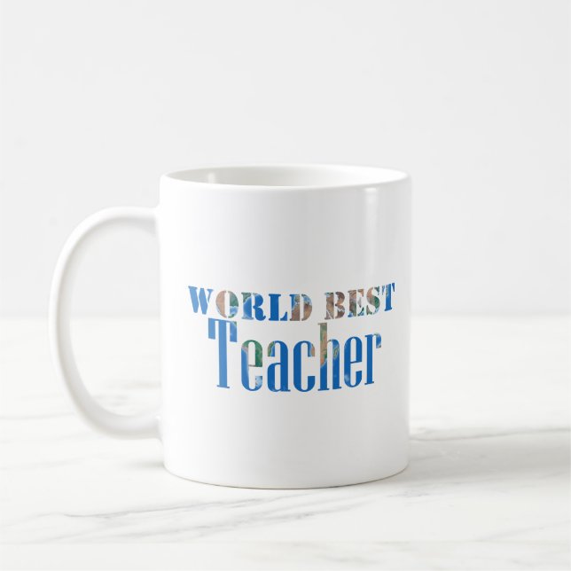 Mug World Best Teacher Globe Nature Typographie Bleu (Gauche)