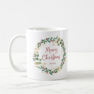 Mug Wreath moderne et script Joyeux Noël rouge