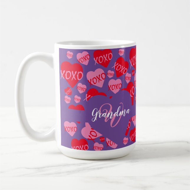 Mug XOXO Monogramme violet rose rouge Coeur accolades  (Gauche)