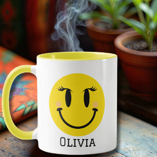 Mug Yellow Happy Fille Visage, Fun Personnalisé