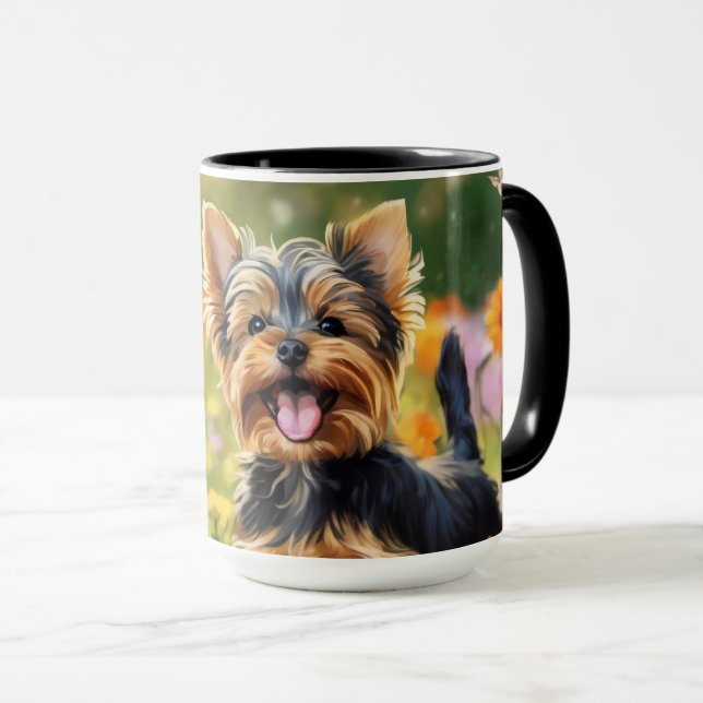 Mug Yorkshire Terrier Le champ de marionnettes de fleu (Devant droit)