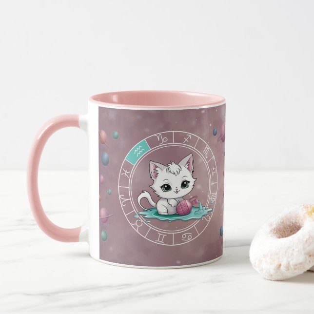 Mug Zodiac Aquarius Cute Chat Roue Planète Astrologie (Avec donut)