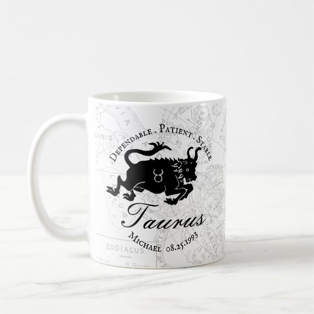 Mug Zodiac Taurus Personnalisé noir blanc Traits d'ast (Gauche)