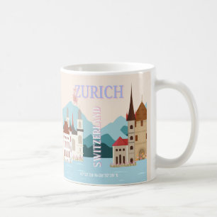 Mug Zurich Travel Art, Suisse Travel Art, Retro