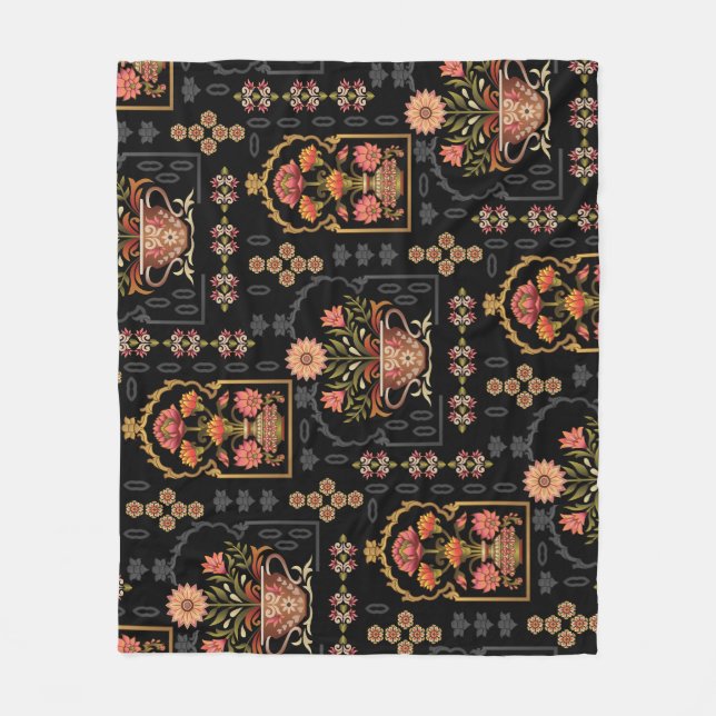 Mughal Floral Motif: Schwarz Nahtlos. Fleecedecke (Vorderseite)