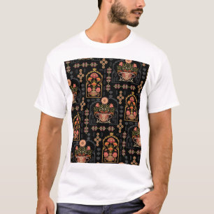 Mughal Floral Motif: Schwarz Nahtlos. T-Shirt