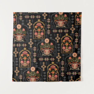 Mughal Floral Motif: Schwarz Nahtlos. Wandteppich