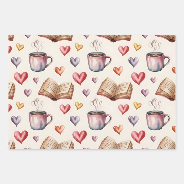 Mugs, Books, and Hearts valentine Geschenkpapier Set (Vorderseite)