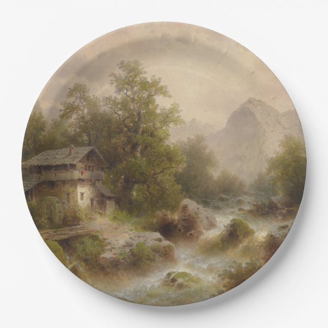 Mühle auf einem Bergbach (von Albert Rieger) Pappteller (Vorderseite)