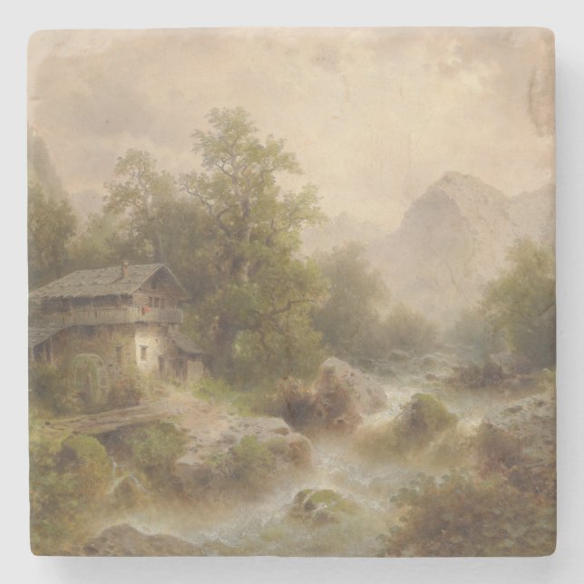 Mühle auf einem Bergbach (von Albert Rieger) Steinuntersetzer (Vorderseite)