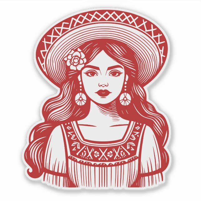 Mujer Mexicana Minimallinie Art Red Sticker (Vorderseite)