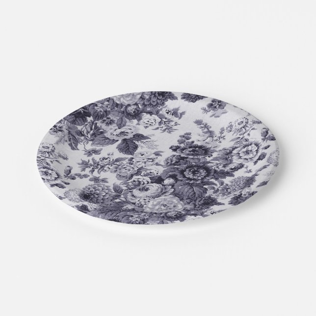 Mulberry Blue Lila Floral Toile Nr. 3 Pappteller (Schrägansicht)