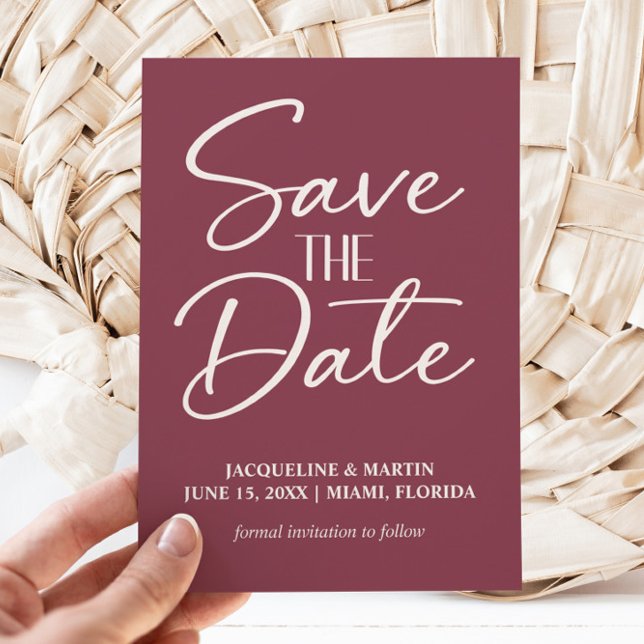 Mulberry Burgundy Wedding Cream Handletted Save The Date (Burgundy wedding Save the Date card)