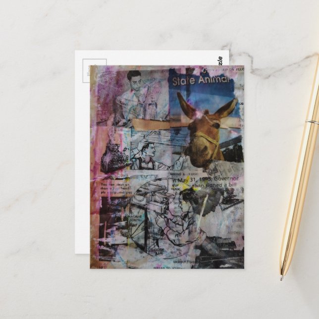 Mule and Men a unique Mixed Media Collage Postkarte (Vorderseite/Rückseite Beispiel)