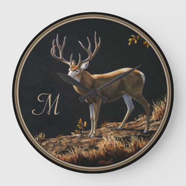 Mule Deer Buck Autumn Trophy Antlers Monogram Große Wanduhr (Vorderseite)