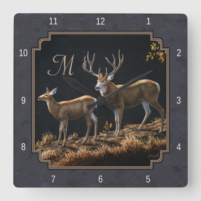 Mule Deer Buck Charcoal Gray Monogram Quadratische Wanduhr (Vorderseite)