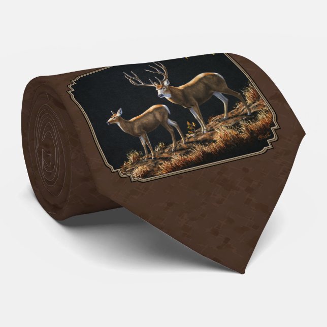 Mule Deer Buck & Doe Brown Monogramm Krawatte (Gerollt)