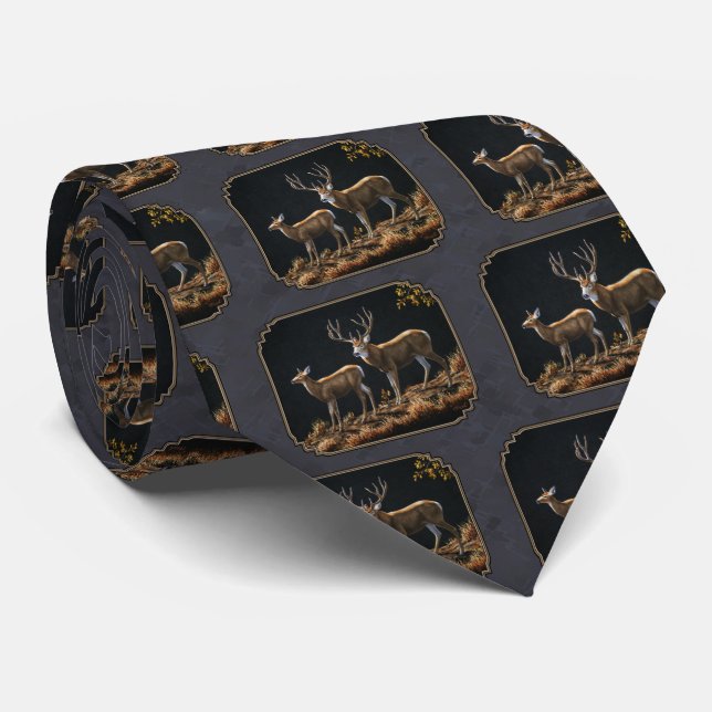 Mule Deer Buck & Doe Charcoal Gray Krawatte (Gerollt)