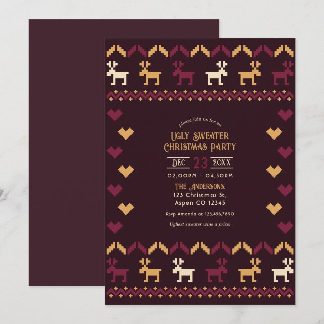 Mulled Wine & Gold Ugly Sweater Christmas Party Einladung (Vorne/Hinten)