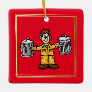 Müllmann, der zwei Dosen Weihnachtsschmuck hält