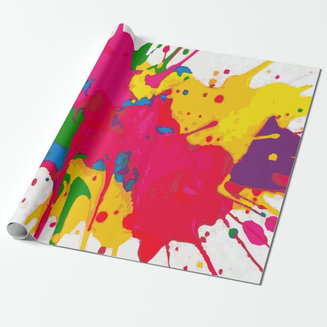 Multi-Color Paint Splat Pattern on White – Fun Geschenkpapier (Ungerollt)