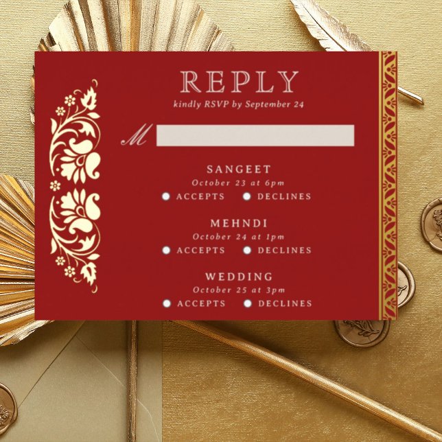Multi Event Lotus Blume Indian Wedding RSVP Card Folie Einladungspostkarte (Red Indian wedding invitation RSVP enclosure response reply card, Lotus flower hindu wedding card)