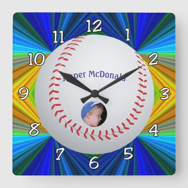 Multi-Farb-Background-Foto im Baseball personalisi Quadratische Wanduhr (Vorderseite)