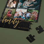 Multi-Foto-Collage-Familienskript - Moderner Sake Puzzle<br><div class="desc">Elegante moderne,  handgeschriebene Kalligraphie-Skripte mit sechs benutzerdefinierten Fotos schwarzen goldenen Sake-Puzzle-Vorlage.              Bitte beachten Sie,  dass die Hintergrundfarbe geändert werden kann. Sie können das Schwarz durch eine andere Farbe ersetzen,  nachdem Sie die Option CUSTOMIZE ausgewählt haben.</div>