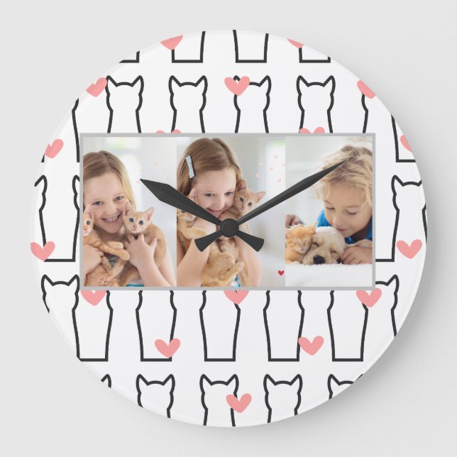 Multi Foto Collage Moderne Personalisierte Katze Große Wanduhr (Vorderseite)