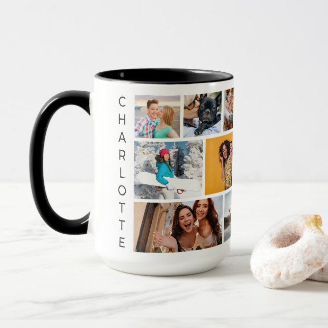 Multi-Foto Collage Moderner Personalisierter Name Tasse (Mit Donut)