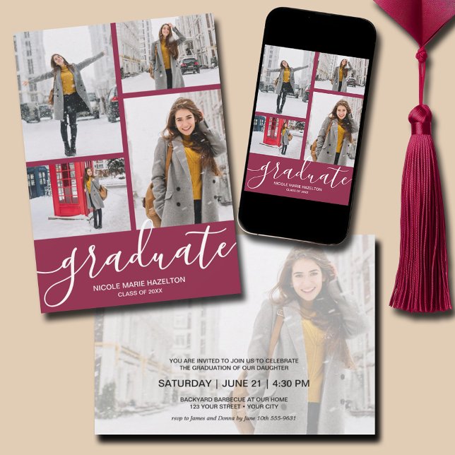 Multi-Foto-Graduierungspartei Einladung (Multi Photo Maroon Graduation Party Invitations - PRINTED and/or INSTANT DOWNLOAD)