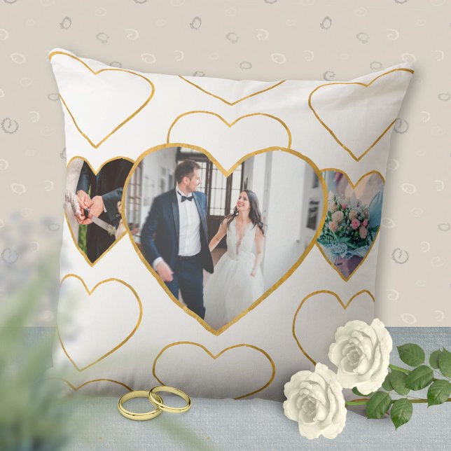Multi-Foto Hochzeit Liebe Golden Hearts Geschenk Kissen (Multi Photo Wedding Love Golden Hearts Gift Throw Pillow ©Susanne Sachers - Sunny Mind Design)