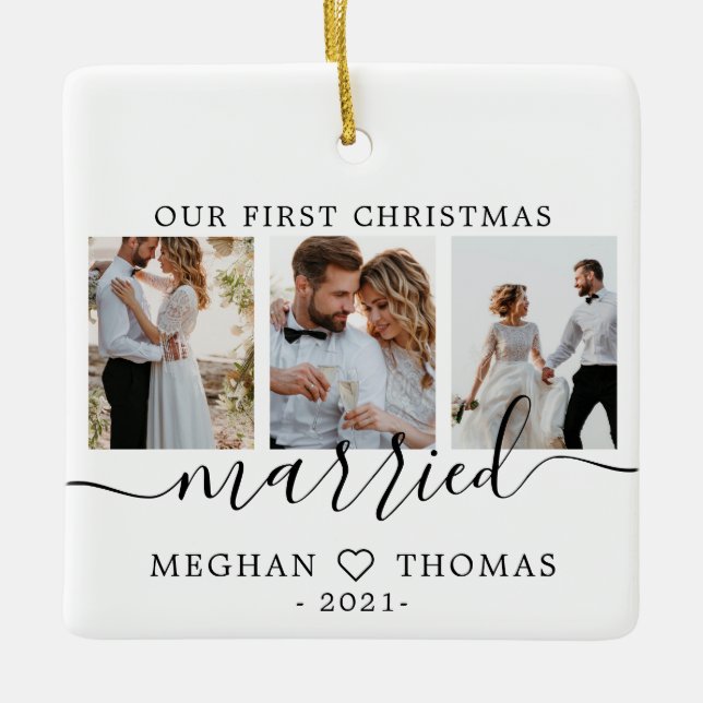 Multi-Fotos erste Weihnachten Verheiratet Keramikornament (Vorderseite)