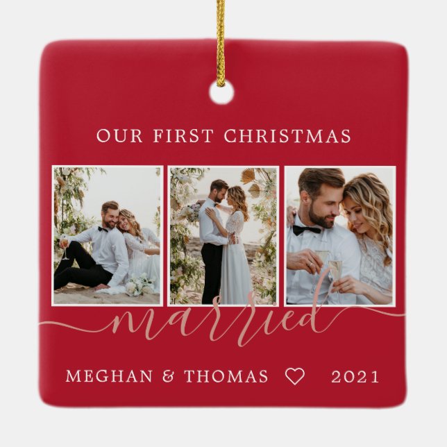 Multi-Fotos erste Weihnachten Verheiratete Keramik Keramikornament (Rückseite)