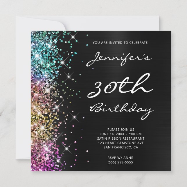 Multi-Glitzer Black Ombre Foil 30. Geburtstag Einladung (Vorderseite)
