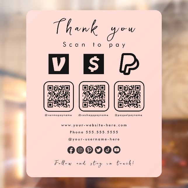 Multi QR Code Paypal Venmo Cash App Modern Pink Fensteraufkleber (Blatt 2)
