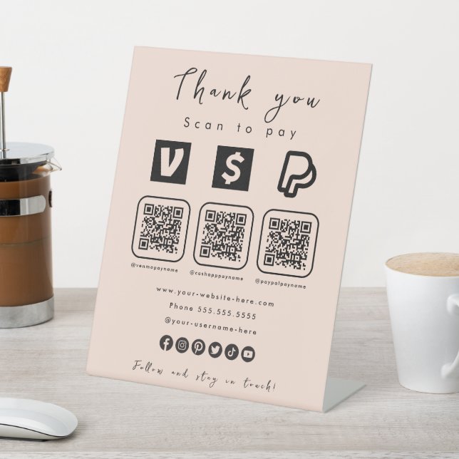 Multi QR Code Paypal Venmo Cash App Soft Peach Sockelschild (In SItu)