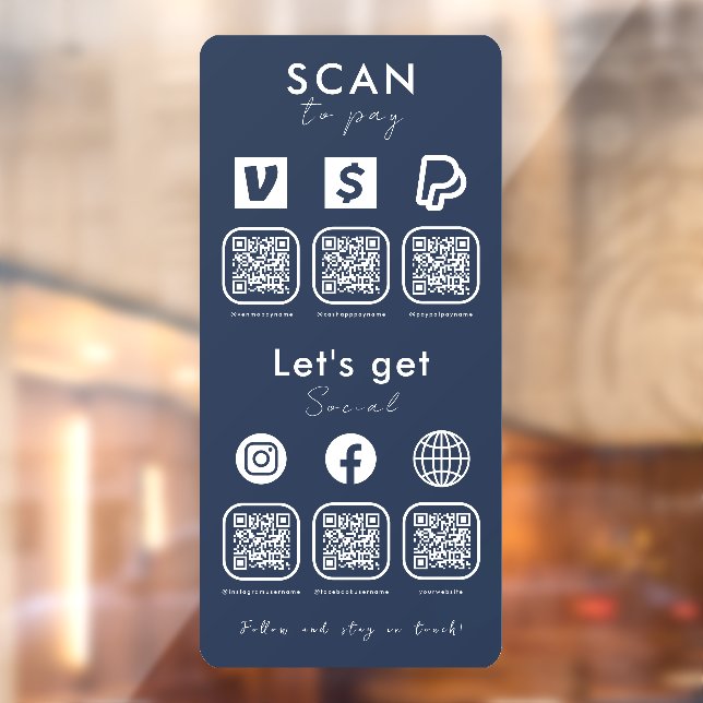 Multi QR Code Scan zu zahlen Social Media Navy Blu Fensteraufkleber (Blatt 2)