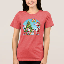 **“Multi-Santa Christmas Fun – 3D Cartoon Transpar Tri-Blend Shirt