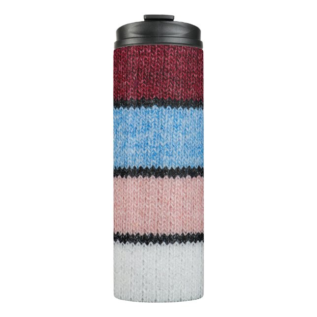Multicfarbene Stripwolle: Stoffgewebe. Thermosbecher (Vorderseite)