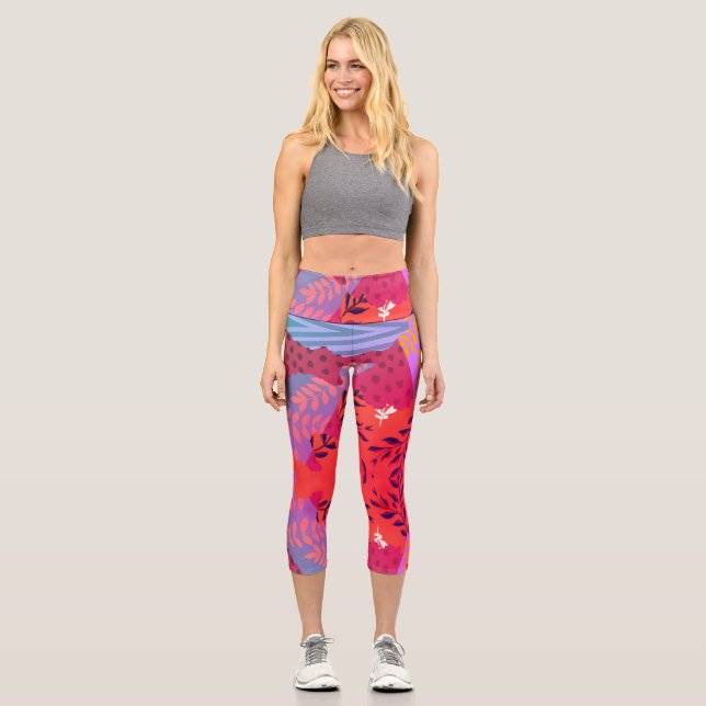 Multicolor abstrakte Blumenkolorkunst Capri Leggings (Vorderseite)