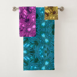 Multicolor Aquamarin-Fuchsia-Gold Badetuch-Set Badhandtuch Set